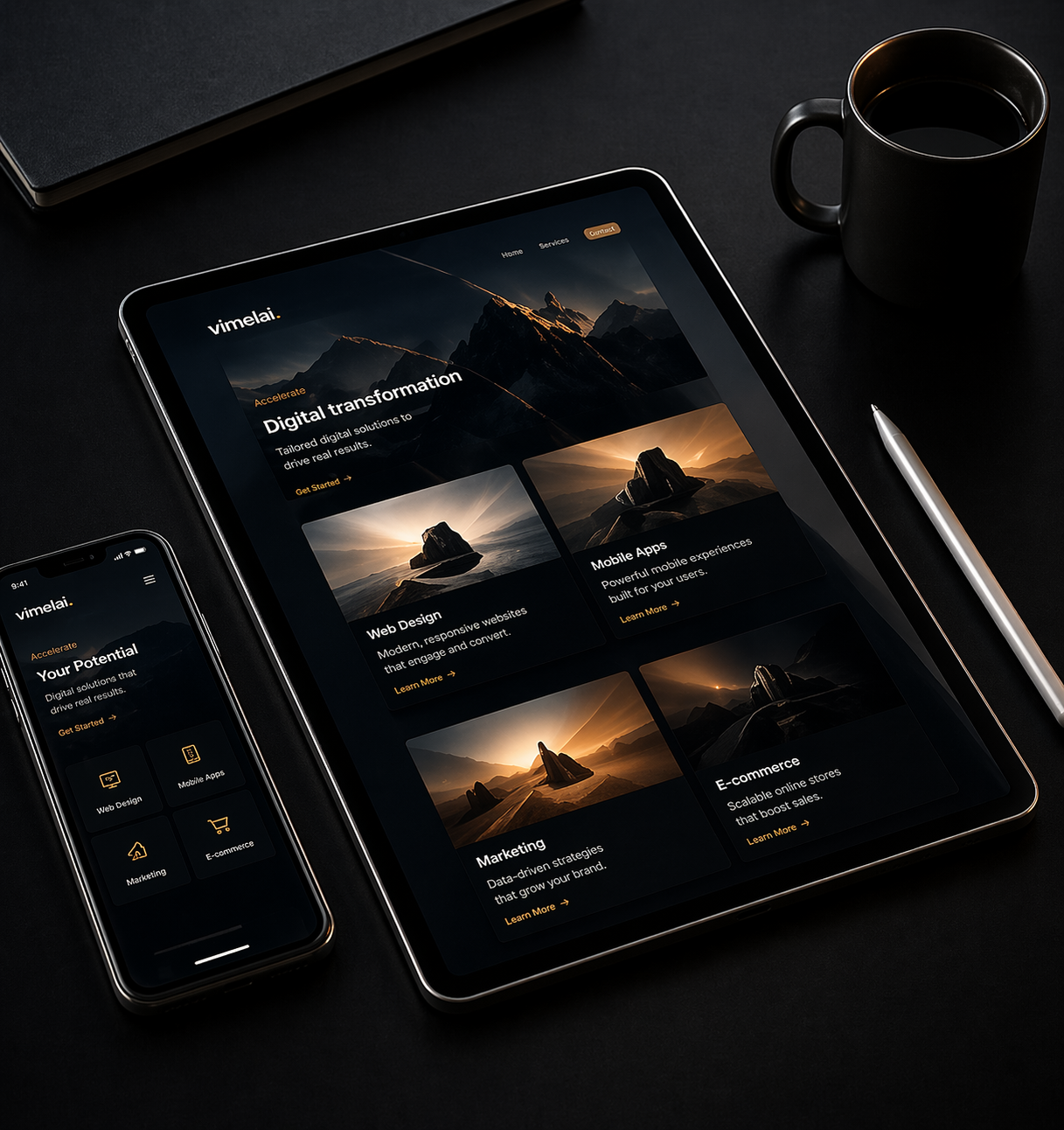 Ιστοσελίδα Vimelai σε tablet και κινητό με υπηρεσίες web design, mobile apps, marketing και e-commerce μέσω AI