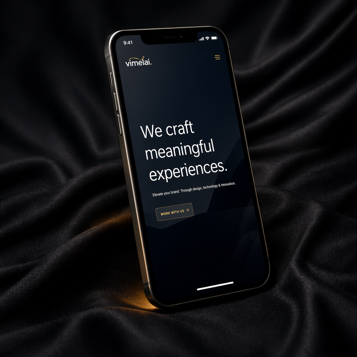 Ιστοσελίδα Vimelai σε κινητό με μήνυμα “We craft meaningful experiences” και AI δημιουργία brand και website