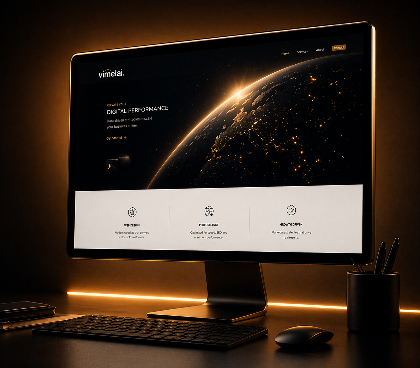 Ιστότοπος Vimelai σε desktop οθόνη με AI δημιουργία ιστοσελίδων και έμφαση σε digital performance και ανάπτυξη επιχειρήσεων