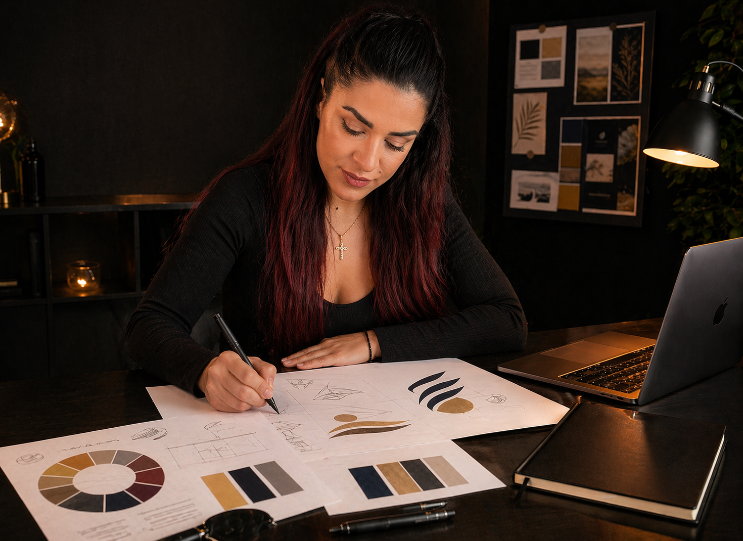 Γυναίκα σχεδιάζει branding και λογότυπα σε γραφείο με laptop χρησιμοποιώντας εργαλεία design και AI