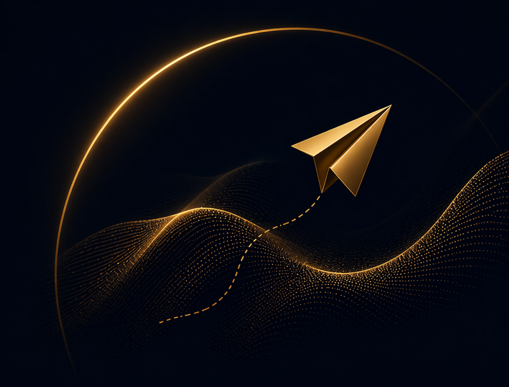 Χρυσό paper plane σε σκοτεινό φόντο που συμβολίζει ανάπτυξη, κίνηση και ψηφιακή καινοτομία με AI