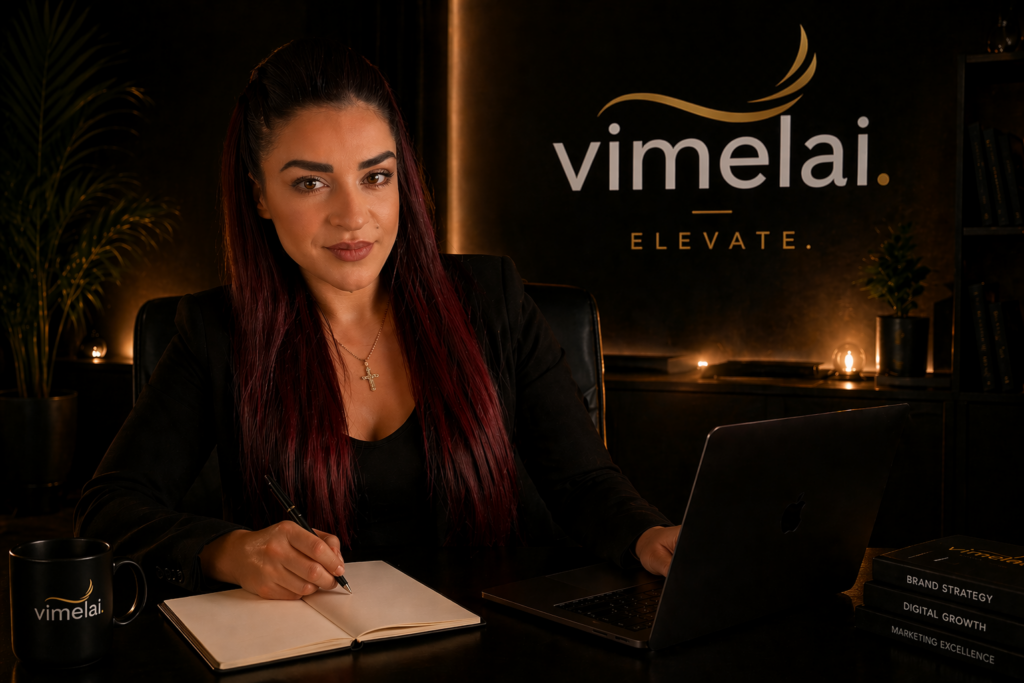 Vimelai λογότυπο σε επαγγελματικό γραφείο με γυναίκα επιχειρηματία που εργάζεται σε laptop και γράφει σε σημειωματάριο