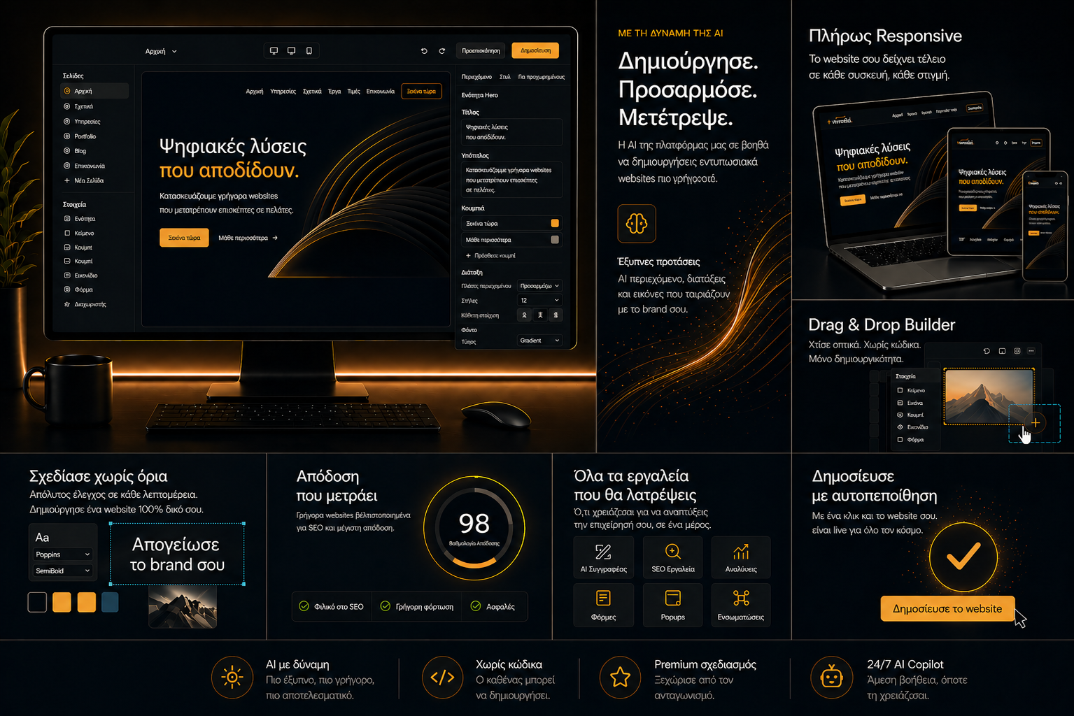 Vimelai AI website builder interface με drag and drop σχεδίαση και εργαλεία δημιουργίας websites