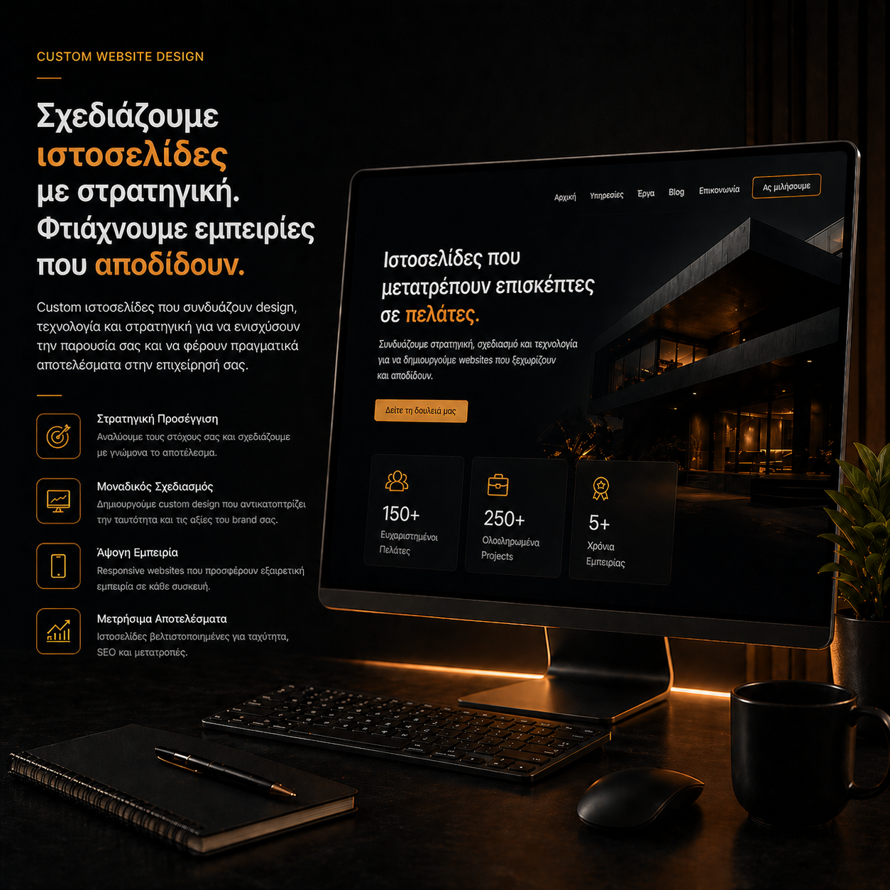 Custom σχεδίαση ιστοσελίδων σε desktop οθόνη με μοντέρνο dark UI, responsive design και SEO βελτιστοποίηση για επιχειρήσεις