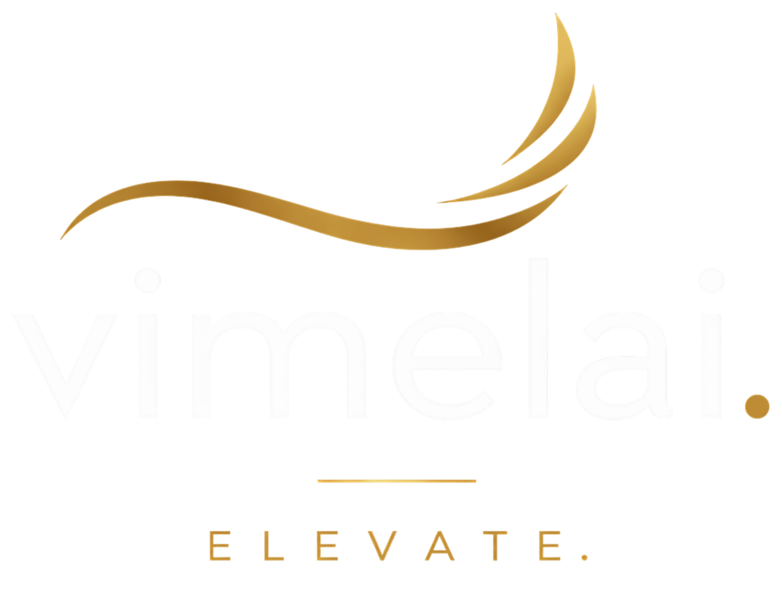 Vimelai logo with gold abstract wing design and modern typography on black background with the slogan "Elevate"