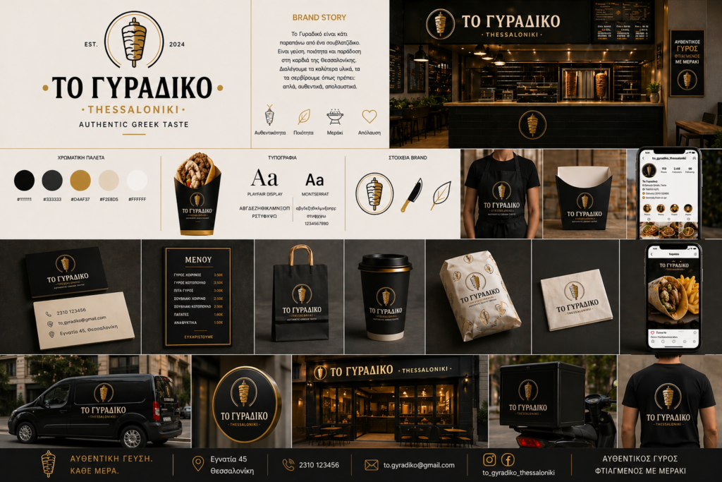 Branding για ελληνικό γυράδικο με μαύρο και χρυσό design, logo, συσκευασίες, menu και mockups καταστήματος.