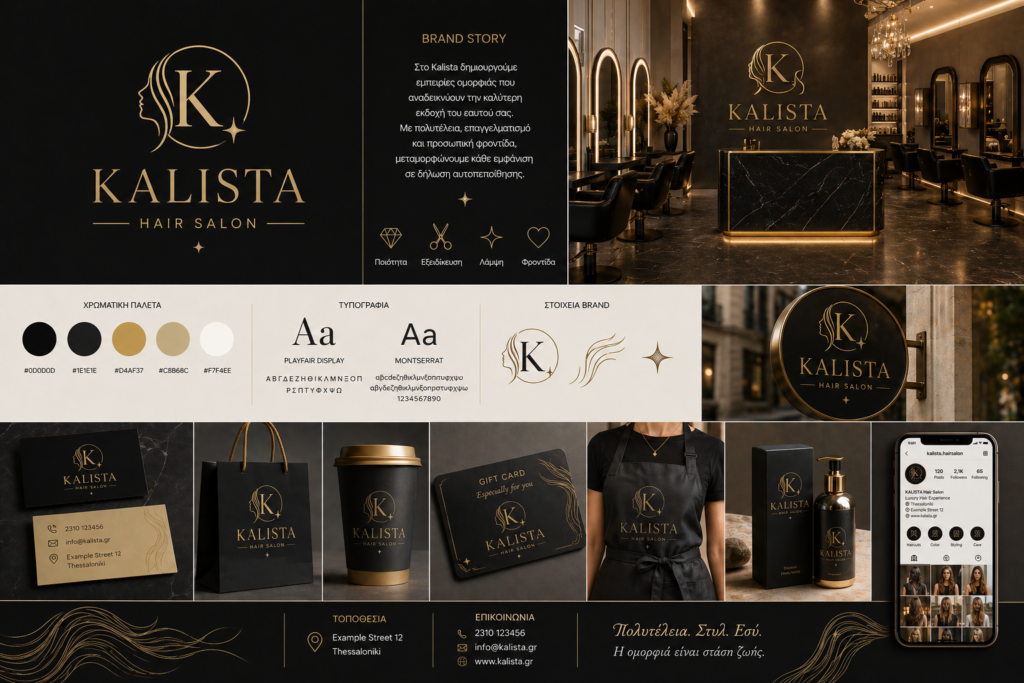 Luxury branding για κομμωτήριο με μαύρο και χρυσό design, logo, συσκευασίες και interior αισθητική.