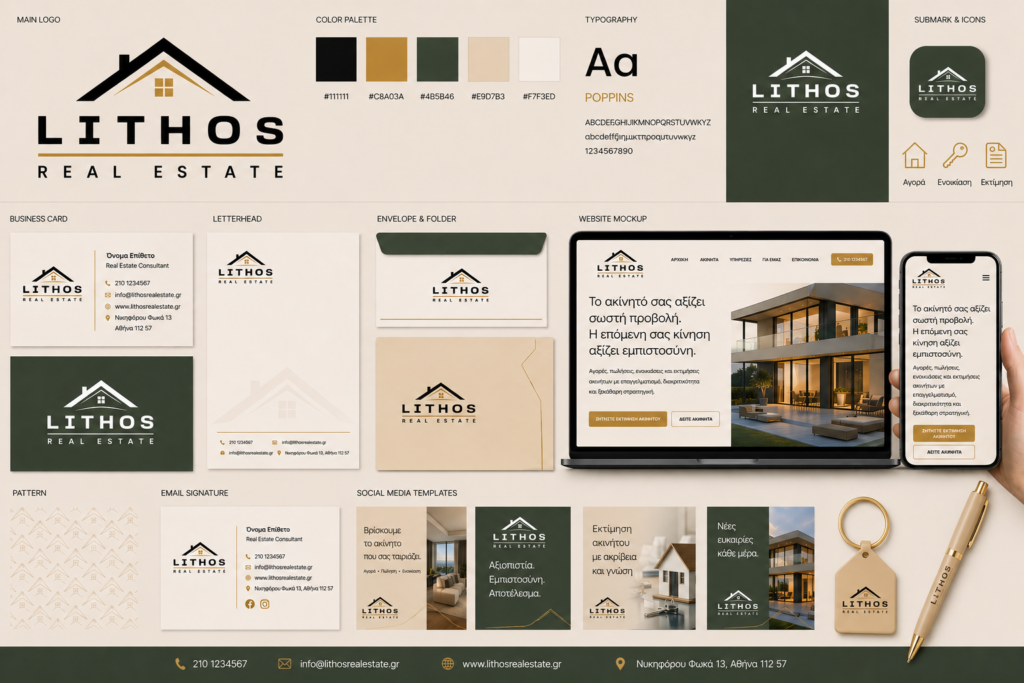 Brand identity για εταιρεία real estate με λογότυπο, website mockup, επαγγελματικές κάρτες και υλικά marketing σε πράσινες και χρυσές αποχρώσεις.