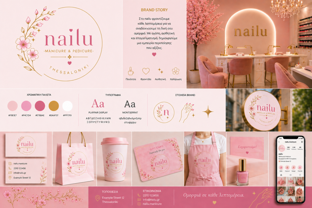 Branding για nail salon με ροζ και χρυσή αισθητική, περιλαμβάνει logo, mockups, συσκευασίες και social media design.