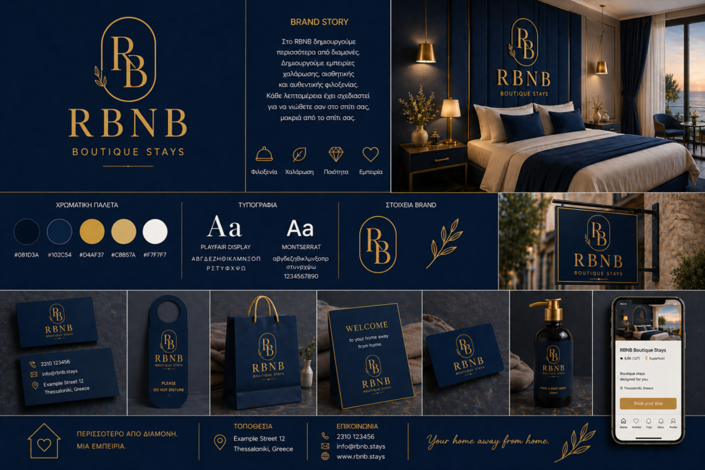 Luxury branding για boutique hotel με navy blue και χρυσό design, περιλαμβάνει logo, mockups, συσκευασίες και digital εμπειρία.
