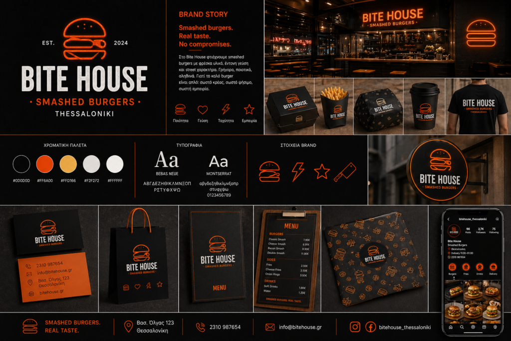 Branding για burger restaurant με μαύρο και πορτοκαλί design, περιλαμβάνει logo, menu, συσκευασίες και social media mockups.