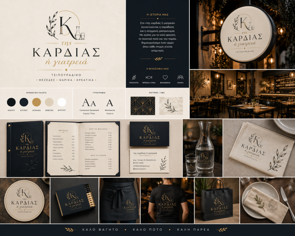 Elegant branding για ελληνικό τσιπουράδικο με χρυσές λεπτομέρειες, menu design, ποτήρια τσίπουρου, συσκευασίες και premium αισθητική.