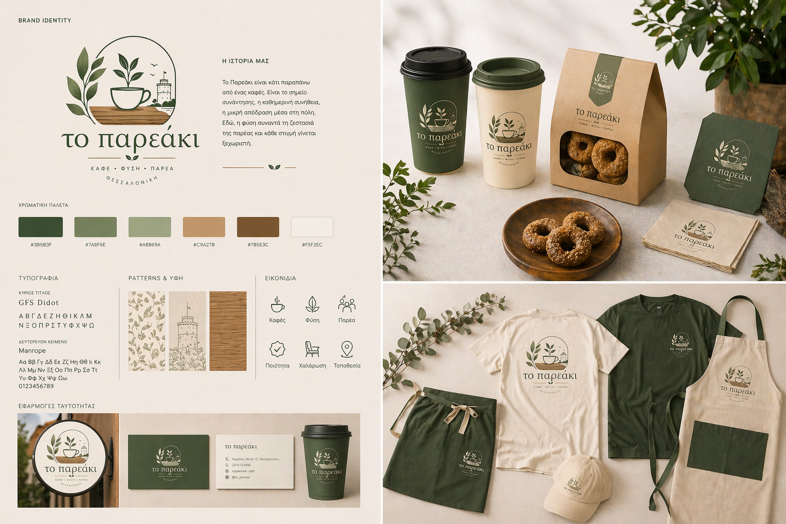Ολοκληρωμένη εταιρική ταυτότητα καφέ με πράσινη παλέτα, οικολογικές συσκευασίες, ποτήρια take away, ρούχα προσωπικού και φυσικό design.