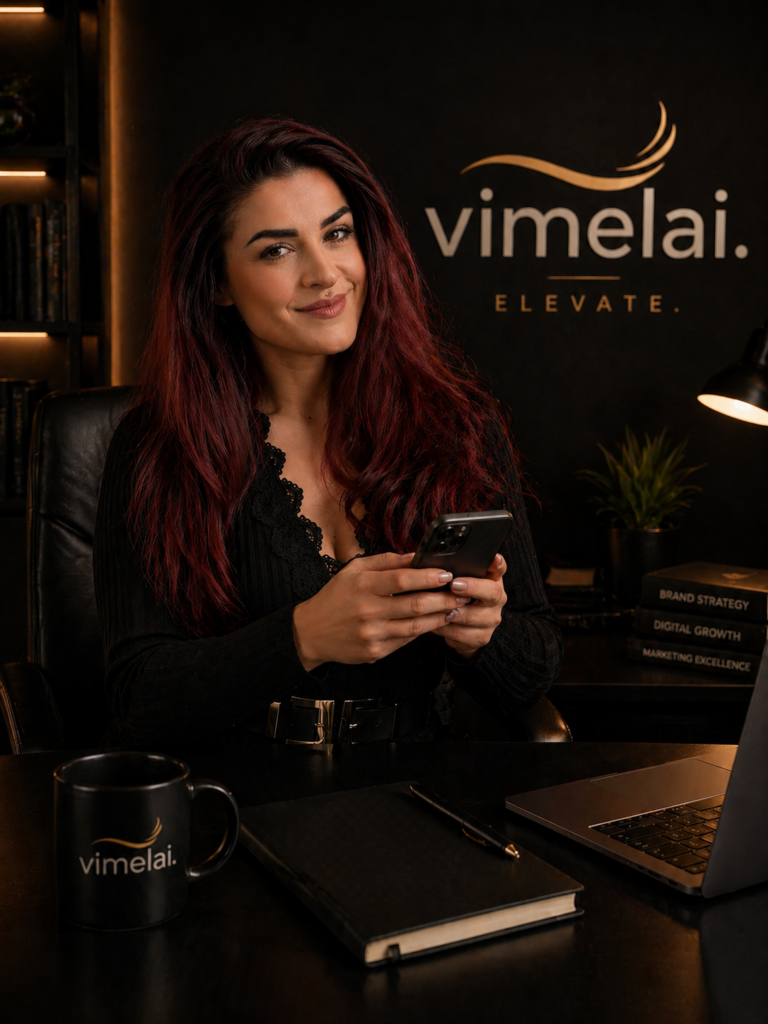 CEO της Vimelai κρατά κινητό στο γραφείο της, έτοιμη να εξυπηρετήσει πελάτες για δημιουργία website μέσω AI builder