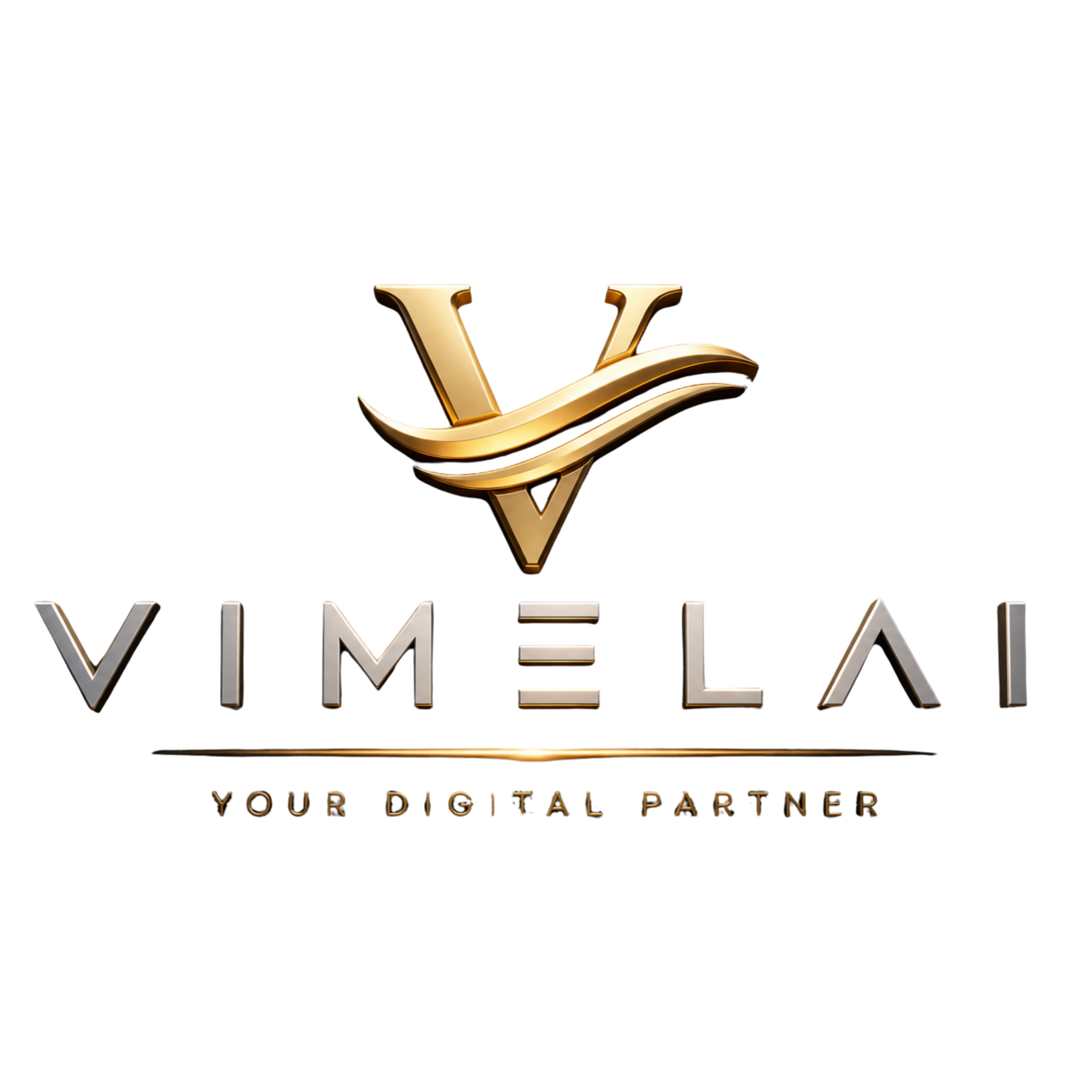 Λογότυπο Vimelai με χρυσό elegant σύμβολο και minimal premium σχεδιασμό σε μαύρο background, που αντιπροσωπεύει AI website και branding platform.