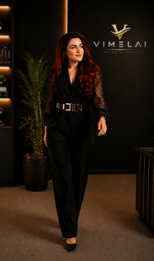 Luxury business portrait της founder της Vimelai σε premium σκοτεινό γραφείο με cinematic φωτισμό και elegant professional styling.