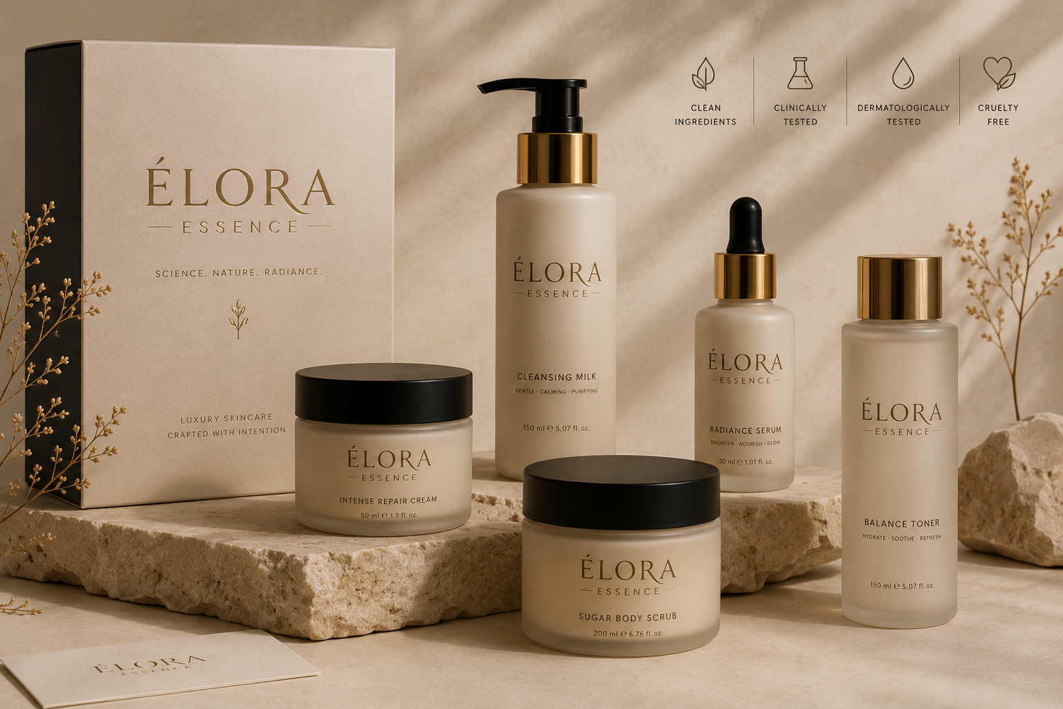 Elora Essence skincare packaging mockup