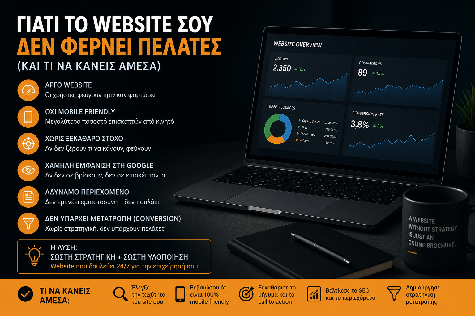 Infographic που εξηγεί γιατί ένα website δεν φέρνει πελάτες, με προβλήματα όπως χαμηλό SEO, αργή ταχύτητα, κακή εμπειρία χρήστη και έλλειψη conversion strategy
