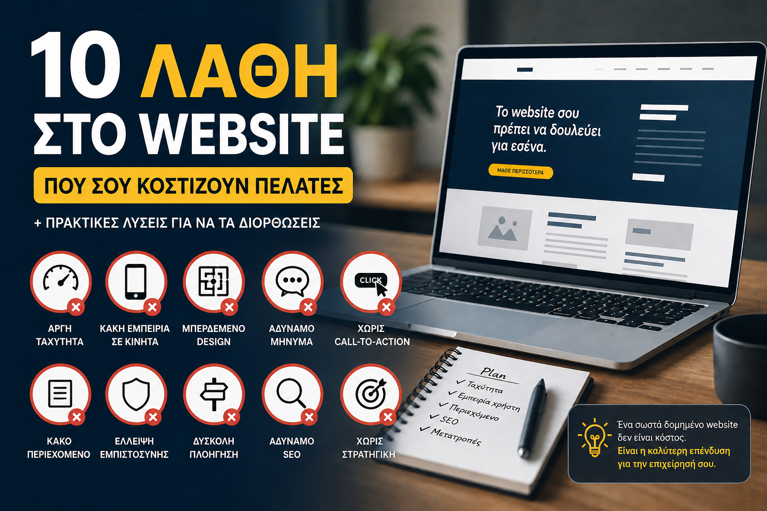 Infographic με 10 συχνά λάθη σε website που μειώνουν τις πωλήσεις, όπως αργή ταχύτητα, κακή εμπειρία σε κινητά και έλλειψη στρατηγικής