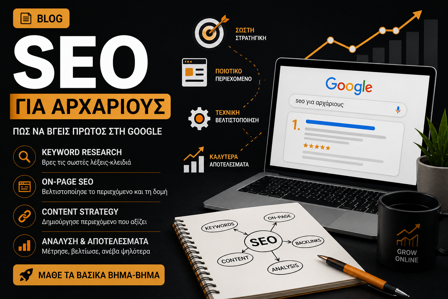 Οδηγός SEO για αρχάριους που δείχνει πώς να βγεις πρώτος στη Google με keyword research, on-page SEO και στρατηγική περιεχομένου