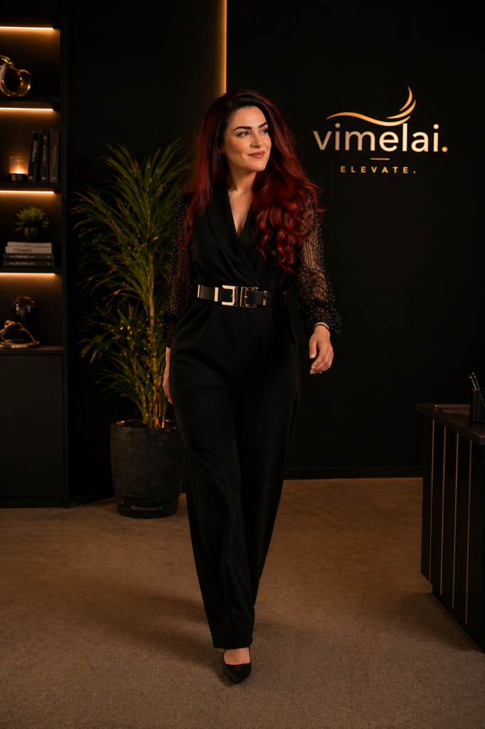 CEO της Vimelai σε luxury επαγγελματικό χώρο με premium branding και elegant business εμφάνιση