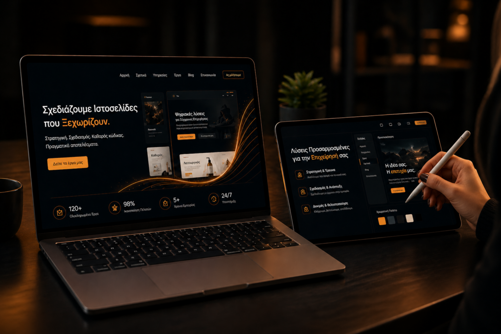 Premium website design mockup &tau;&eta;&sigmaf; Vimelai &sigma;&epsilon; laptop &kappa;&alpha;&iota; tablet &sigma;&upsilon;&sigma;&kappa;&epsilon;&upsilon;ή