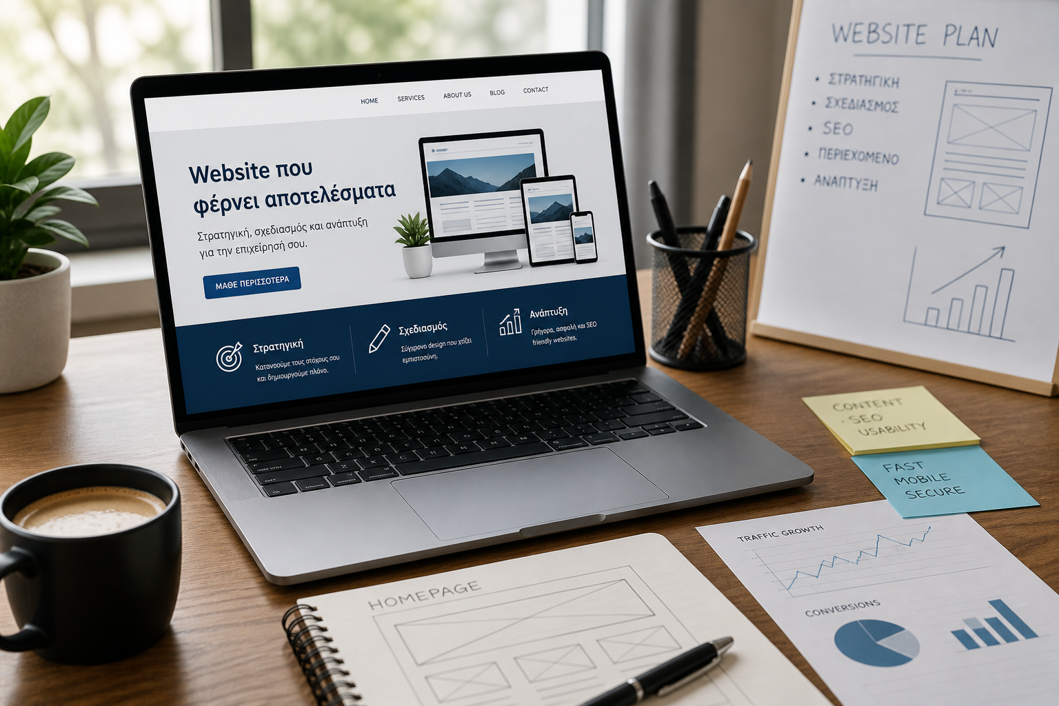 Laptop με σχεδιασμό website και σημειώσεις στρατηγικής για δημιουργία επαγγελματικού site επιχείρησης το 2026
